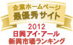 弊社サイトは日興アイ･アール株式会社の「2012年度全上場企業ホームページ充実度ランキング調査　新興市場ランキング最優秀企業ホームページ」に選ばれました。